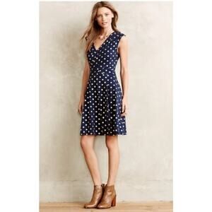 MAEVE Sz XS V Neck Blue Gold Dot Knee Length Zipper Back Sleeveless